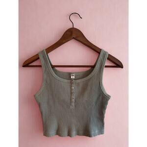 Uniqlo Women’s Ribbed Crop Tank Top S | Light Sage Green Button Front Henley